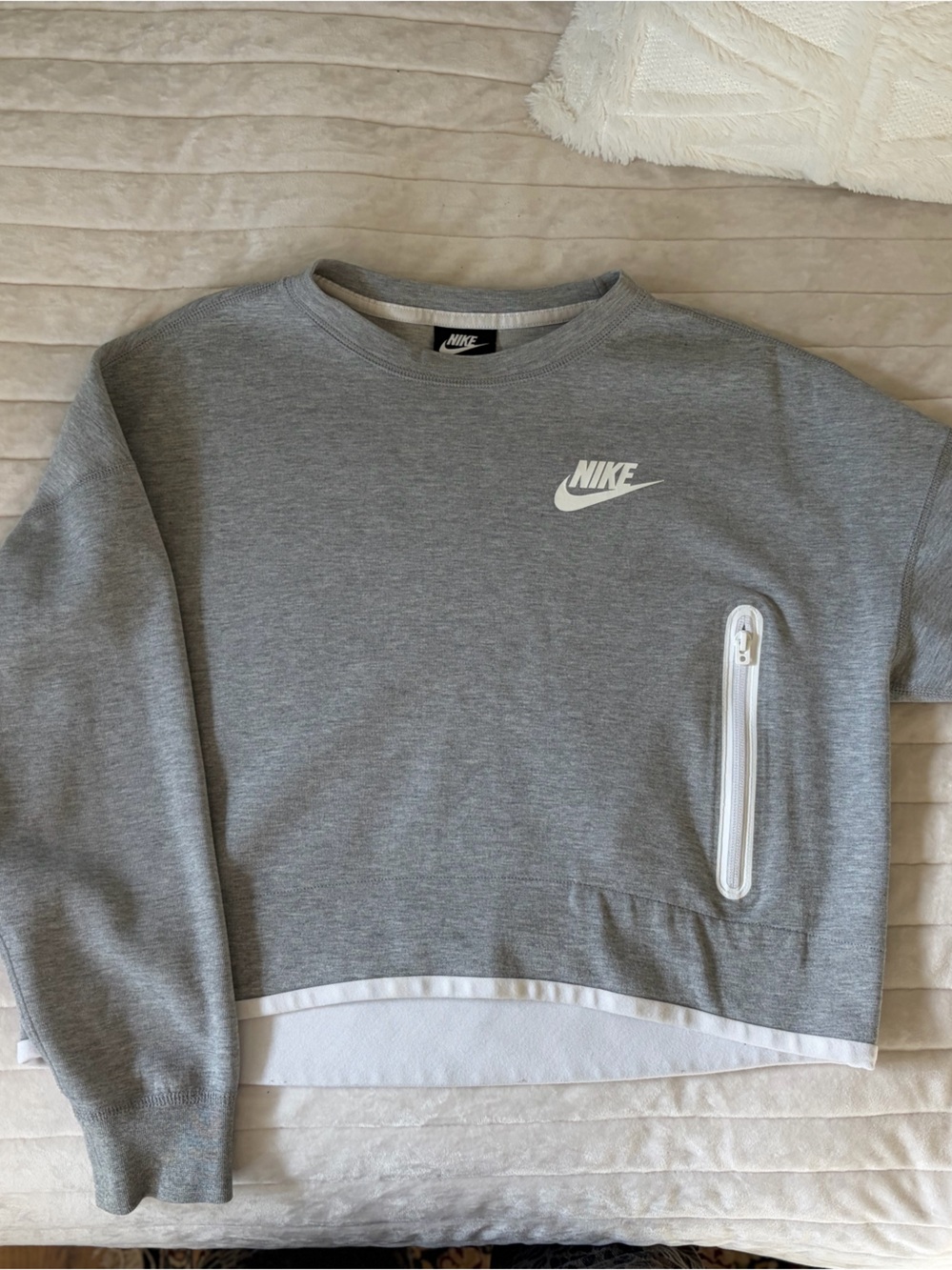 Nike Grey Crewneck Sweatshirt with White Logo and Zip Pocket
